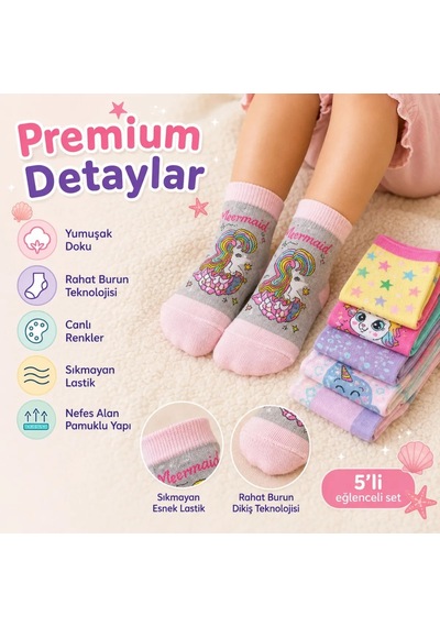 Womanandkids Wak 5 Li Kız Çocuk Çorap Seti Deniz Kızı Unicorn Desenli Pamuklu Rahat Burunlu Renkli Çok Renkli