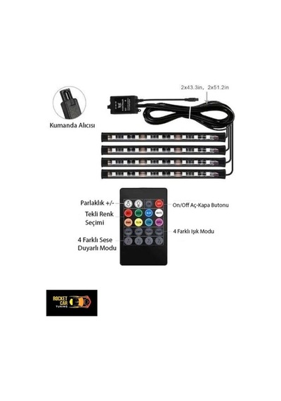 Lurrea 12 Led Kumandalı Oto Ayak Altı Şerit Araç İçi Aydınlatma Otomatik Ayak Altı Aydınlatma
