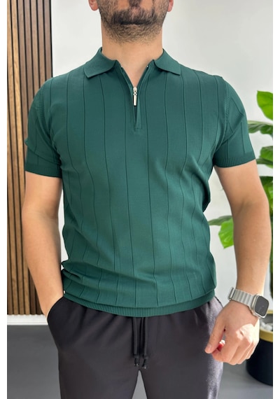Erkek Slim Fit Fermuarlı Polo Yaka Tişört Yeşil Edw452 Yeşil