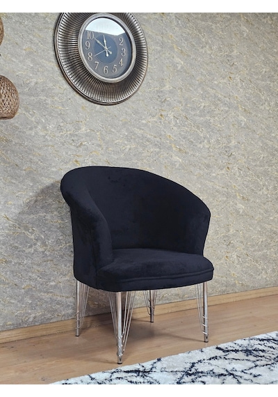 Zafir Tekli Teddy Krom Kaplama Telli Ayak Çay Seti Koltuk Tekli Berjer , Balkon, Salon, Ofis Siyah