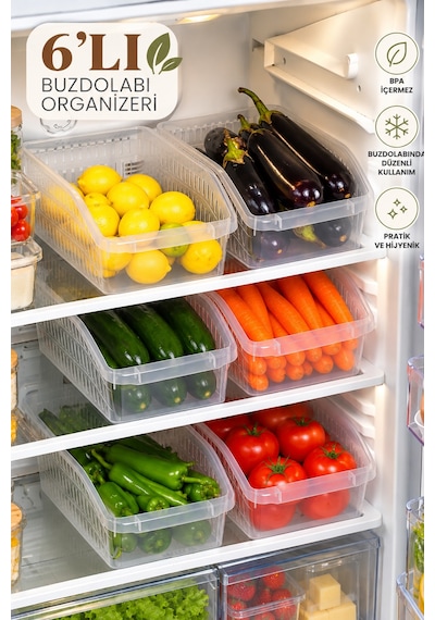 Porsima 09 1077 Orgamix 6'lı Şeffaf Buzdolabı İçi Düzenleyici Organizer Sepet Seti Mutfak & Kiler Dolabı Sebze Meyve Saklama Kutusu