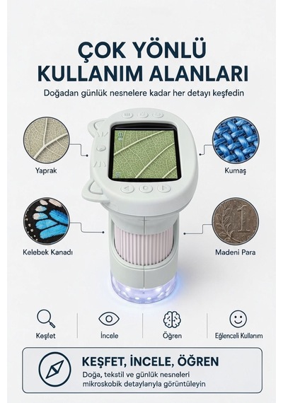 4berry Taşınabilir Fotoğraf Çekebilen Dijital Mikroskop 1000x 2.4 Ips Ekran, 2 Mp Kamera, 8 Led Işık, Type-c Şarjlı Beyaz