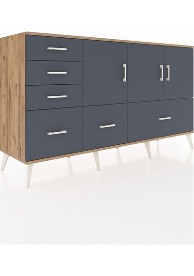 Kronos Konsol 4 Raflı 6 Çekmeceli 3 Kapaklı 176x59x99 Çam-antrasi Çam-antrasit
