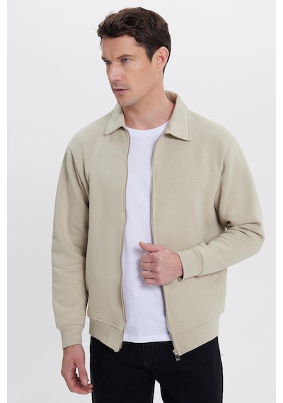 Tudors Unisex Relax Fit Rahat Kesim Pamuklu İçi Polarlı Fermuarlı Taş Polo Yaka Flato Cepli Sweatshirt Hırka-41969 Taş