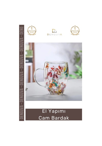 Cambardak Organik Çiçekli Isıya Dayanıklı Borosilikat El Yapımı Estetik Cam Handmade Bardak 350ml Çok Renkli
