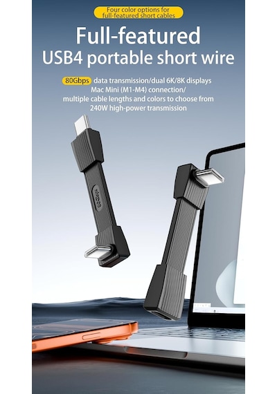 Usb-c To Usb-c 42mm Kısa Kablo, 240w Pd3.1 Hızlı Şarj, 80gbps Veri Aktarımı, 8k 60hz Görüntü Desteği, Thunderbolt Uyumlu, Usb4, Laptop Tablet Telefon İçin Ultra Kısa Adaptör Kablo Otgb