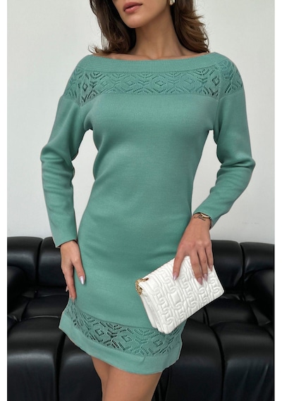 Aqe Fashion Kadın Kayık Yaka Yakası Dantel Detaylı Mint Triko Elbise Mint