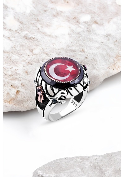Ortası Mineli Türk Bayrağı Kenarı Çember Taşlı Gümüş Erkek Yüzük -4898