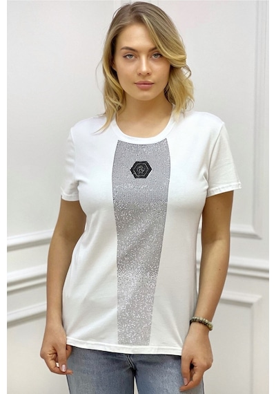 Rich Glam Bisiklet Yaka Crystal Taşlı Büyük Beden Plus Size Pamuk Şık Rahat Siyah Kadın T-shirt Beyaz
