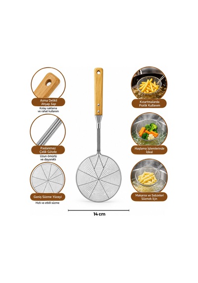 İbico İ22-289 Kevgir 13-14cm Sap: 26cm Derin Çelik Metal Bambu Ahşap Saplı - 12'li Paket