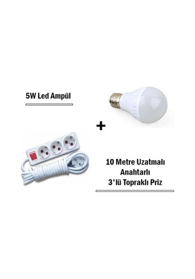 5w Led Ampul + 10 Metre Uzatmalı Anahtarlı 3lü Priz Set- Diğer