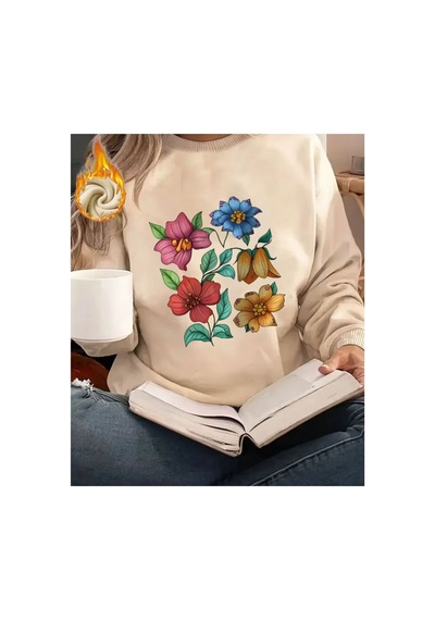 Herkesemoda Renkli Çiçekler Baskı Detaylı Bisiklet Yaka Sweatshirt Bej