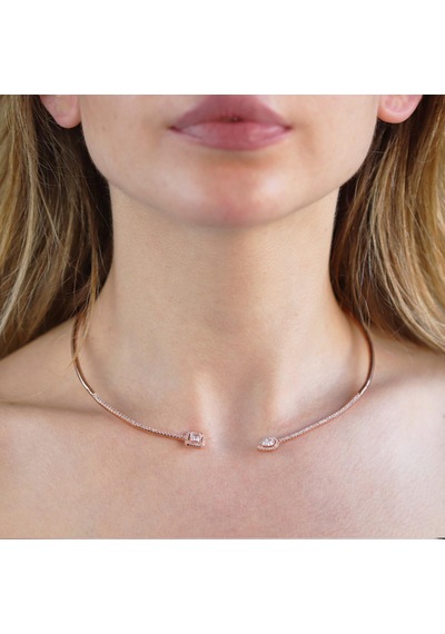 Baget Ve Damla Taşlı Rose Gold Kaplama Choker Gümüş Kolye Gümüş