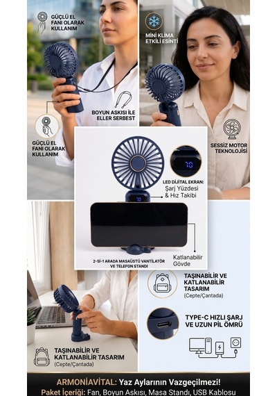 Şarjlı Mini El Fanı Taşınabilir Katlanabilir Masaüstü Vantilatör Askılı Mini Klima Mavi