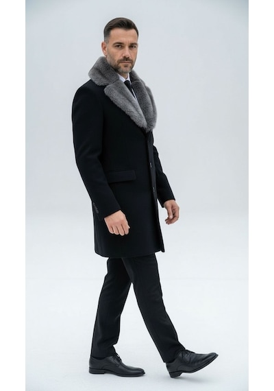 Plus Scorpion Erkek Uzun Kaşe Kaban Çıkartılabilir Kürk Yaka, Astarlı Ve Cepli Slim Fit Mont Bej, Gri, Siyah, Taba Siyah