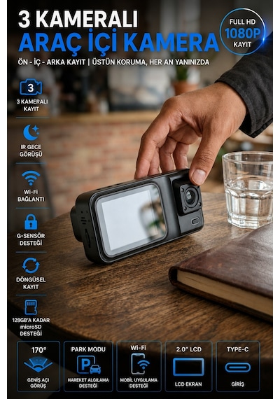 SN-38 Wİ-Fİ 3 Kameralı Araç Içi Kamera Full Hd 1080P Ön Arka Iç Kamera Ir Gece Görüşü G-Sensör Dashcam