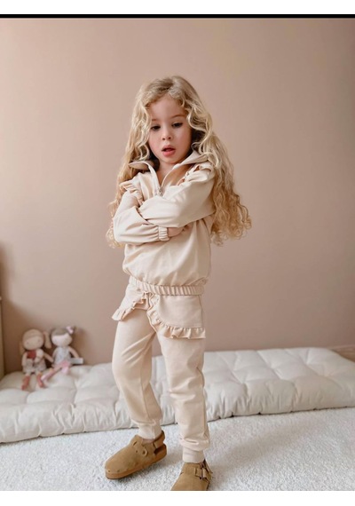 Lolliboomkids Kız Çocuk Yeni Sezon Taş Renk Kol Fırfır Detaylı Yaka Fermuarlı Alt Üst Takım Açık Gri
