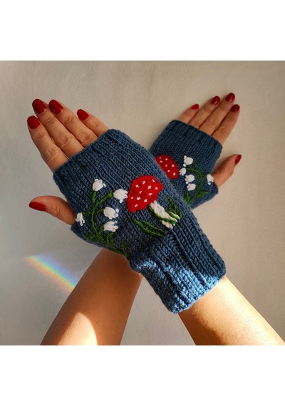 Newdaycraft El Örgüsü Motifli Parmaksız Eldiven / Bileklik - Mantar Mavi