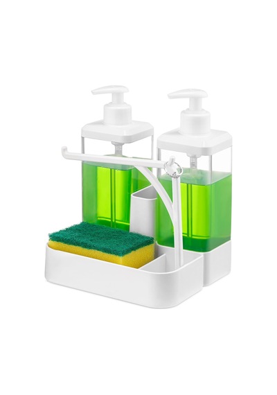 İkili Sıvı Sabunluk Ve Seti - Yüzük Bez Askılı Sünger Hazneli 2x350 Ml 2li Sıvı Sabunluk 000 Açık Krem