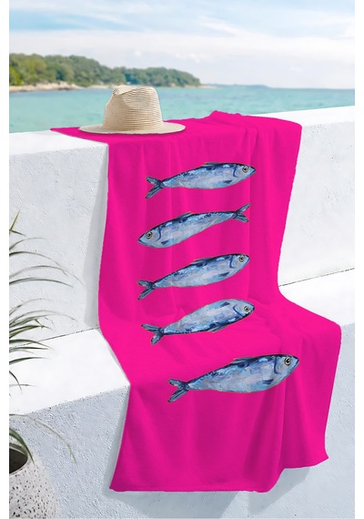 Balık Figürlü Fuşya Plaj Havlusu-marine Modern Mavi Pembe Havuz Deniz Hızlı Kuruyan Mikrofiber Havlu İnci Deniz