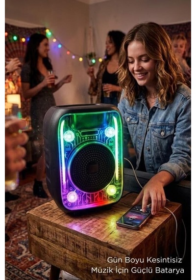 Bluetooth Hoparlör Kablolu Mikrofonlu Rgb Işıklı Speaker D66 Siyah Müzik Eşyası Parti Aleti