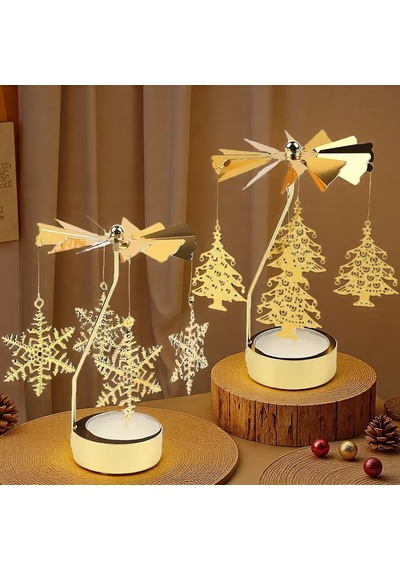 2'li Set Dönen Işıklı Kar Tanesi Ve Ağaç Metal Tealight Mumluk Gold
