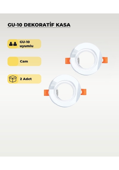 Gu10 Dekoratif Cam Spot Kasa 2 Adet Gömme Tavan Uyumlu, Şık Tasarım Şeffaf