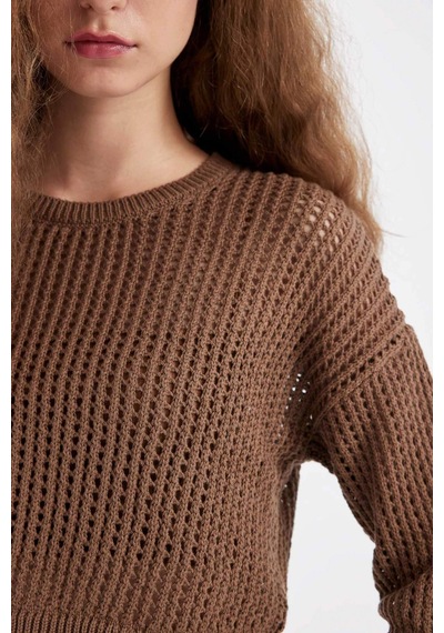 Defacto Regular Fit Bisiklet Yaka Kroşe Ajurlu Delikli Crop Triko Kazak T4513AZ24AUBG111 Bej