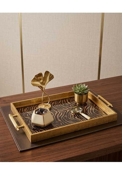 Gold Varaklı Zebra Desenli Lüks Sunum Tepsisi - Modern Tasarım Dekoratif Çay Kahve Tepsisi
