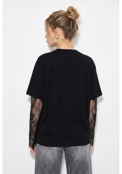 Shade Kadın Bisiklet Yaka Dantel Kollu Oversize Pamuklu T-shirt 1049 60286075 - Siyah