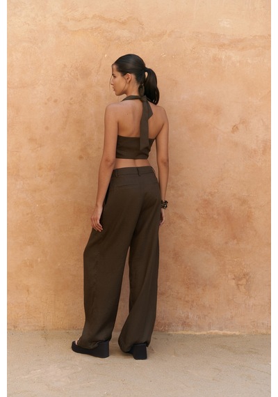 Mai Collection Mai Studios Co. Lvdovila Kahve Keten Crop Yelek Pantolon Takım Kahve
