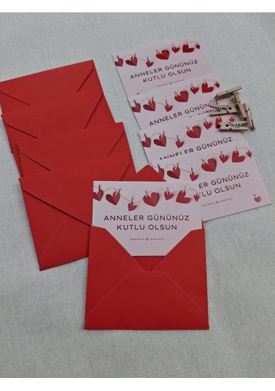 15 Adet Kırmızı Zarf Ve Mandallı Anneler Günü Kartı - Anneler Günü Hediyesi - Paketleme Not Kartı