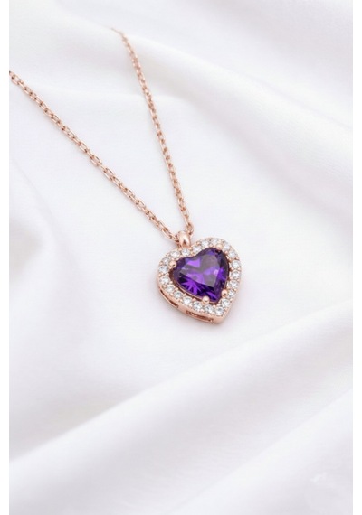Çekirdekjewelry 925 Ayar Gümüş Rose Kaplama Kalp Kolye Rose Mor