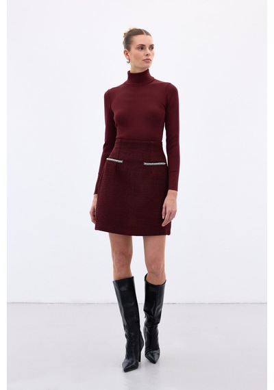 Sateen Aksesuar Detaylı Tüvit Etek - Bordo-136344 Bordo
