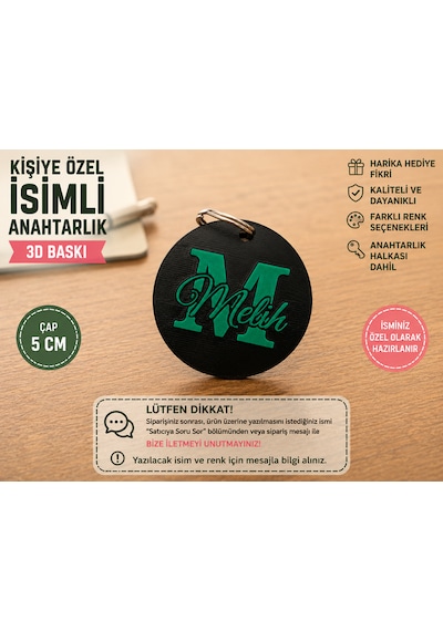 Kişiye Özel İsimli Anahtarlık 3d Baskı Kişiselleştirilebilir İsim Etiketi Siyah - Yeşil