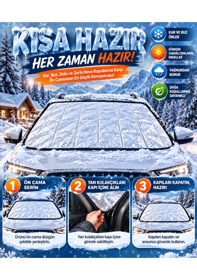 Mega Oto Market 4 Mevsim Ön Cam Koruma Brandası 145x95 Cm Kar Buz Dolu Ve Güneş Koruyucu Örtü