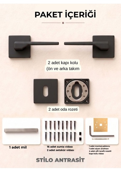 Stilo Antrasit Kare Rozetli Kapı Kolu Lüks Oda Kapı Kolu