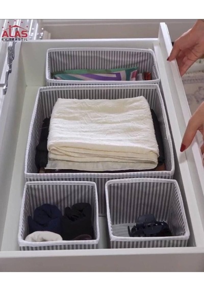 4 Lü Çekmece Düzenleyici Organizer Dekoratif Sepet Hurç 4 Lü Çekmece Çizgili Diğer