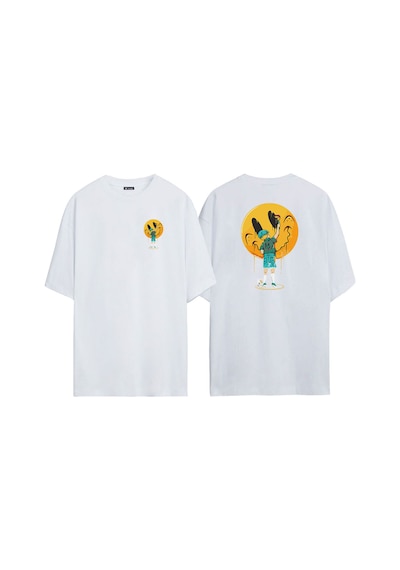 Thewert Unisex Gülen Yüz Çizen Çocuk Ön Arka Baskılı Beyaz Oversize T-shirt