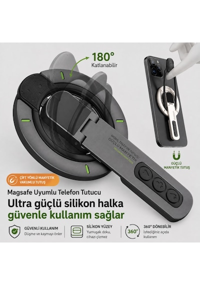 Polham 3in1 Manyetik Telefon Tutucu 360 Döner Parmak Yüzük Ve Ayarlanabilir Telefon Standı, Ful Metal Stand Siyah