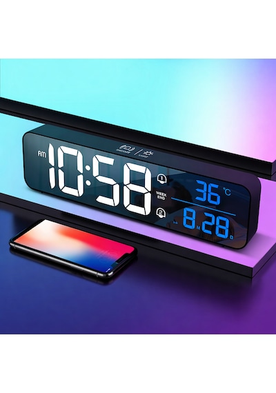 Hd Led Aynalı Dijital Masa Saati Sıcaklık Tarih Alarm Usb Şarjlı Elektronik Saat Siyah Yüzey