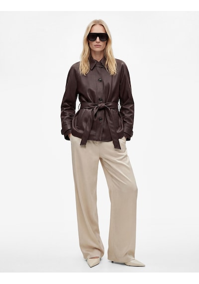 Koton Uzun Kollu Cepli Kemerli Oversize Suni Deri Ceket Bordo 6sak20108ew