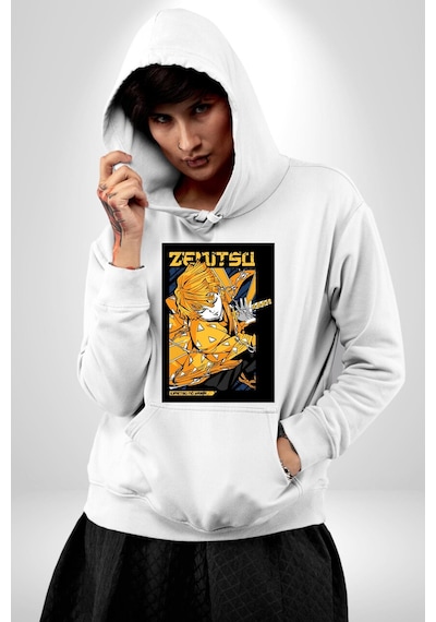 Zenitsu Agatsuma Anime Kadın Erkek Beyaz Kapüşonlu Sweatshirt Hoodie Beyaz