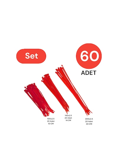 Tek-iş Plastik Kablo Bağı Klipsi Cırt Kelepçe Set 100-150-200 X 2.5 Mm Kırmızı 20 X 3 60 Adet