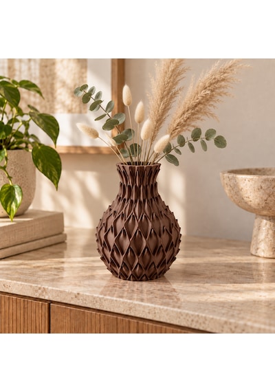 Yaprak Kabartmalı Dekoratif Vazo 20 Cm Kuru Çiçek Ve Pampas Vazosu Kahverengi