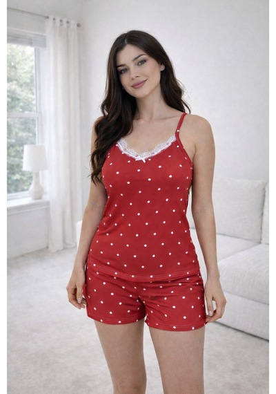 Kadın 20668 İp Askılı Şortlu % 100 Pamuk Pijama Takımı Kırmızı