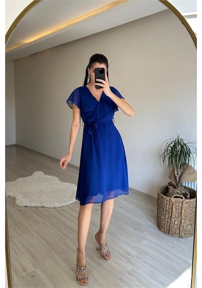 Neşeli Butik Kadın V Yaka Kuşaklı Mini Şifon Elbise Nm007 Saks