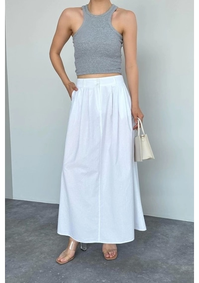 Defymoda İnce Pileli Düz Etek - Beyaz Beyaz