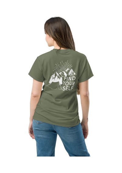 Wildstyle Find Yourself Kendini Keşfet Dağ Kamp Doğa Baskılı Unisex Pamuklu Tişört Haki
