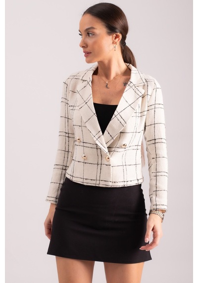 Armonika Kadın Beyaz Kruvaze Yaka Tüvit Crop Ceket Arm-24k001014